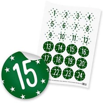Itenga Adventskalender Aufkleber 24x Zahlen Z38 Sterne Dunkelgrün Weiß