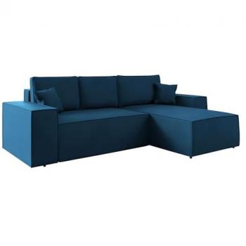 Sofá rinconero Clovis 108, azul, con función de descanso y caja de ropa de cama, dimensiones 279x181x94cm
