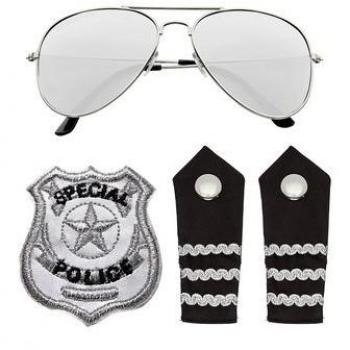 Karnevalskop Polizeikostüm: Sonnenbrille, Schulterklappe, Abzeichen