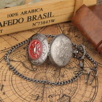Gray Red Firefighter Cover Pocket Watch