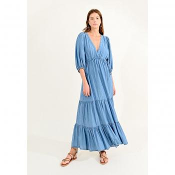 Vestido Largo de Molly Bracken con Efecto Vaquero y Volantes