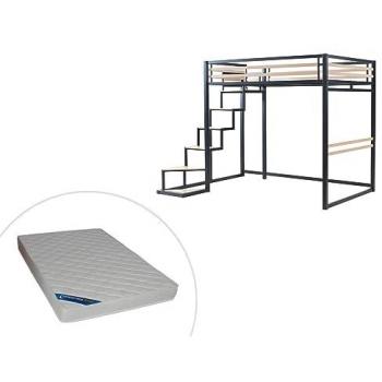 Letto Soppalco 140x200 cm: Metallo e MDF Nero e Naturale con Materasso – Jogui