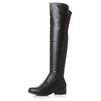 Low Block Heel Faux Leather Over‑Knee Boot with Gold Zip (AJVANI)