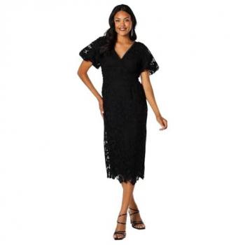 Coast Women's Black Lace Midi Dress with Puff Sleeves