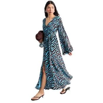 Warehouse Women's 12 Blue Velvet Maxi Dress, Burnout, Flared Sleeves