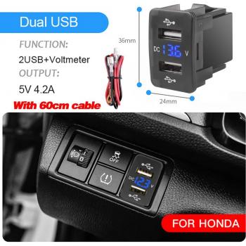 Adaptateur USB double 12‑24 V 4,2 A avec LED voltmètre – compatible Honda Civic/CrossTour/CR‑V/Odyssey