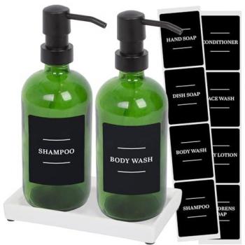 500ml Black and Green Glass Soap Dispenser Set with Ceramic Tray & Labels