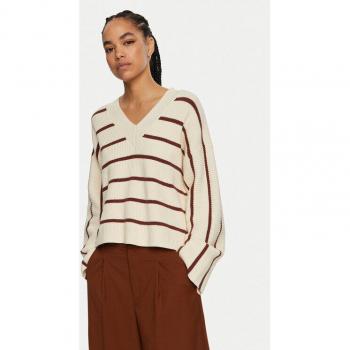 Gestuz Beige V-Neck Knit Top for Ladies, Size XS, with Brown Stripes