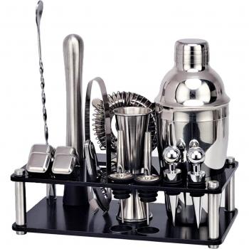 Barmann Edelstahl Cocktail Set 16 Teile mit Whisky Stein Halterung