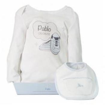 Babero con bolsillo y body para bebé en azul