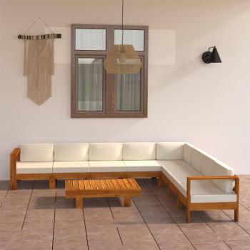 Set de salon de jardin 9 pièces en bois d'acacia avec coussins blanc crème
