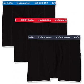 Bjorn Borg Men's 3-Pack Contrast Waistband Boxer Trunks, Black w/ red/blue