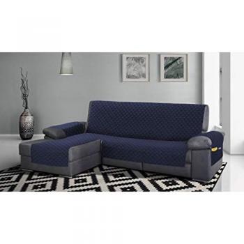 Funda Cubre Sofá Reversible Acolchada con Bolsillos (Marino/Gris, Chaiselongue)