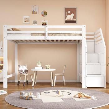 Lit mezzanine 90x200 cm – sommier à lattes, rails, marches escamotables et espace libre personnalisable – Blanc
