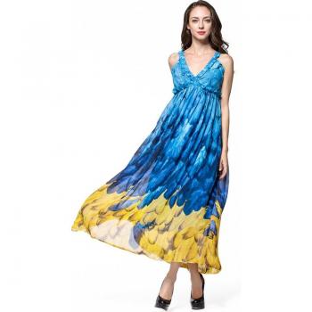 Plus Size 7XL Women’s Summer Chiffon Dress V Neck Sleeveless Backless Feather Printed Long Dress