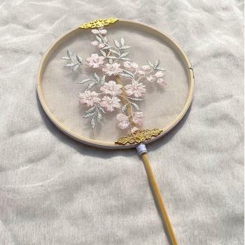 Embroidery Ancient Style Long Handle Round Tassel Dance Han Costume Props Classical Fan Round Shaped Wedding Favors And