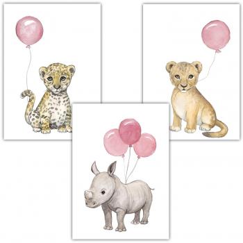 Frechdax® 3er Set Kinderzimmer Poster Baby Bilder DIN A4 | Tierposter Waldtiere Afrika Luftballon