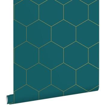 Mural de Pared Hexagonal Azul Petrolero con Acabado Oro – 5,3 m × 1,005 m