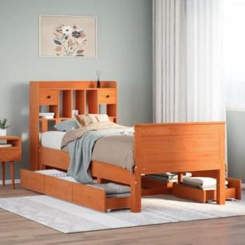 Lit en pin massif marron 100x200 cm avec bibliothèque sans matelas