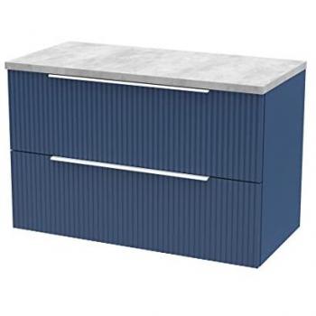 Hudson Reed Fluted 800mm Wall Hung 2 Drawer Vanity Unit with Bellato Grey Laminate Worktop, Satin Blue