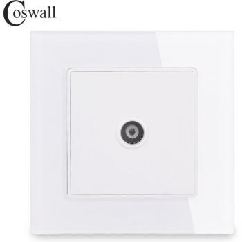 Prise murale COSWALL en verre trempé cristal 1 gang avec connecteur TV femelle, série C1, blanc