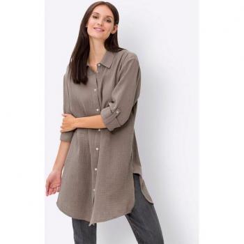 HEINE Langarmbluse Damen – Unifarben, grau taupe, 100 % Baumwolle – Gr. 48
