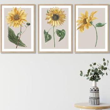 Golden Sunflower Trio in Soft Beige – 3 Art Posters, 30x42cm