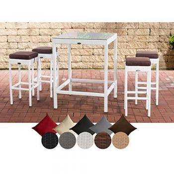 CLP Polyrattan Bar-Set Alia I mit 4 Hockern und Tisch, Farbe: Weiß, Polsterfarbe: Terrabraun