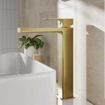Brushed Brass Square Tall Mono Basin Mixer Tap