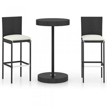 3-Piece Black Poly Rattan Garden Bar Set with Cushions