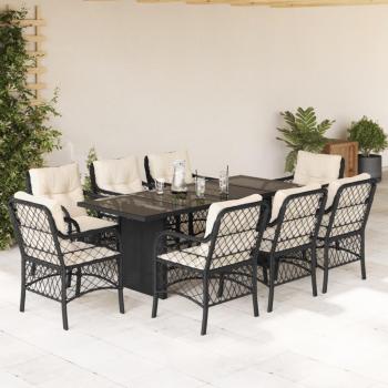 9-Piece Garden Dining Set with Cushions in Black Poly Rattan