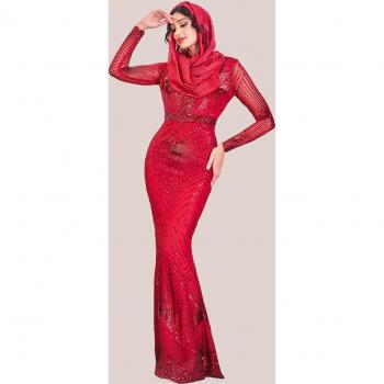 Red Sequin Maxi Dress with Modesty Starburst Design