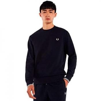 Sudadera Fred Perry Marina de Cuello Redondo en Bouclé Mezcla de Algodón con Ribetes de Canalé y Franjas en las Mangas