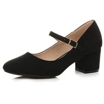 Ajvani Mid Block Heel Mary Jane Faux Suede Court Shoes – Black, 8
