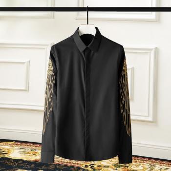 Minglu Long Sleeve Cotton Dress Shirt for Men, Angel Wings Embroidery, Slim Fit, Plus Size 4XL