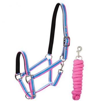 Pfiff 102146 Hundegeschirr‑Set – Striped Kunststoffhalfter, Grau/Blau/Pink