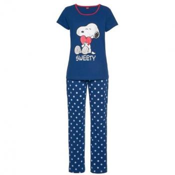 Peanuts Pyjama-Set für Damen, blau mit Snoopy und Pünktchen