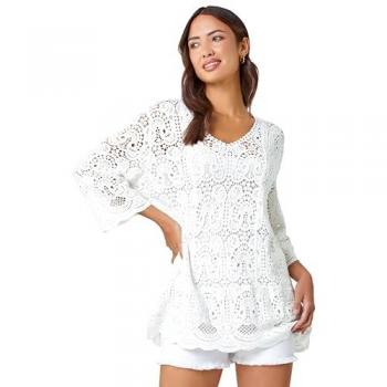 Classic Cotton Crochet V-Neck Tunic Top – White, Roman Design, UK10