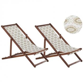 Set of 2 Folding Deck Chairs Sun Loungers Dark Acacia Wood Frame Replacement Fabric Hammock Seat Reclining Beige Anzio