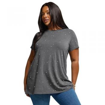 Yours – Grau‑Glitzertshirt: Perlen & Nieten, Curve & Plus Size