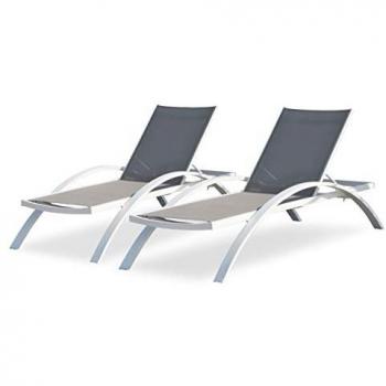 Barcelona Dcb Garden Lot de 2 Bains de Soleil en Toile Plastifiée Taupe et Aluminium Blanc