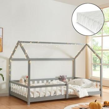 Cama infantil Hesel casa con reja y colchón 120x200cm