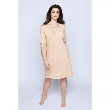 Camicia da notte con pizzo arancione, scollo a V, mezze maniche, taglia 52/54, viscosa/fibre sintetiche/elastan
