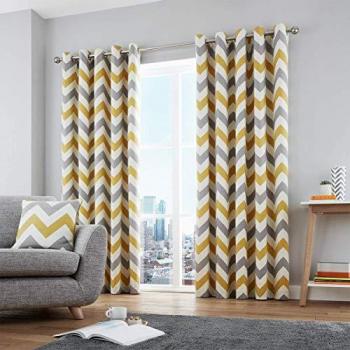 Rideaux en coton imprimé double œillet, couleur ocre et jaune, 117×137 cm