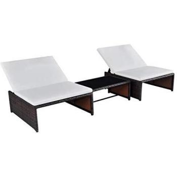 Sonnenliegen Set 2 Stück mit Tisch Poly Rattan Braun