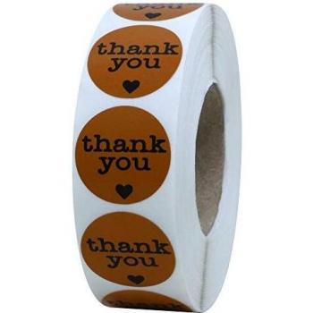 Hybsk 1 Inch Round Thank You Stickers with Black Heart 1,000 Labels Per Roll (Brown with Black Heart)