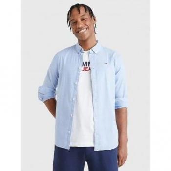 Langarmhemd TOMMY JEANS TJM Slim Stretch Oxford Shirt Gr. XXL, N-Gr, blau (perfume blue) Herren Hemden mit Flaglabel auf der Brust