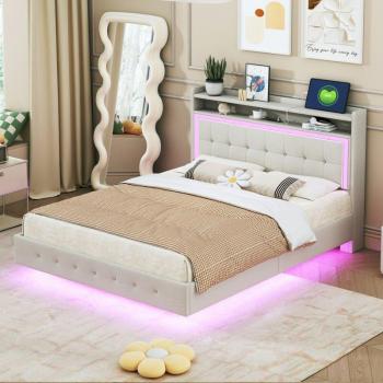Lit Double avec Port USB et Lumière LED, Hauss Spole, 140x200cm, Lin Beige
