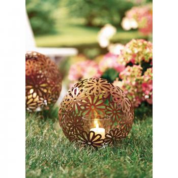 Pureday “Rost‑Blüten” Windlicht – Gartenaccessoire, Metall‑Glas, 18 cm Durchmesser