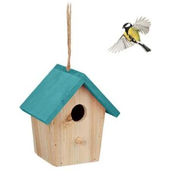 Pajarera Colgante de Madera, Casa para Pájaros, 16 x 15 x 11 cm, Diseño Natural y Azul